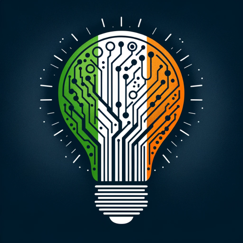 Abstract light bulb with circuit patterns symbolizing innovation at a Dublin-based digital agency, featuring Irish flag colors.