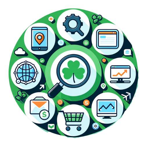 Minimalistic icons for SEO, local SEO, SEM, Google Ads, social media marketing, website design, and e-commerce circled around a shamrock on a clean background.