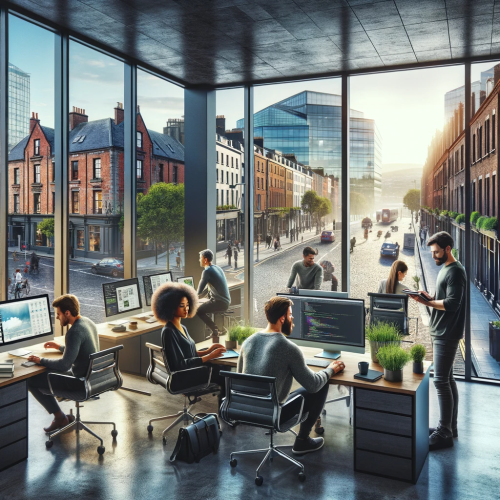 Digital agency professionals working in an office overlooking Dublin